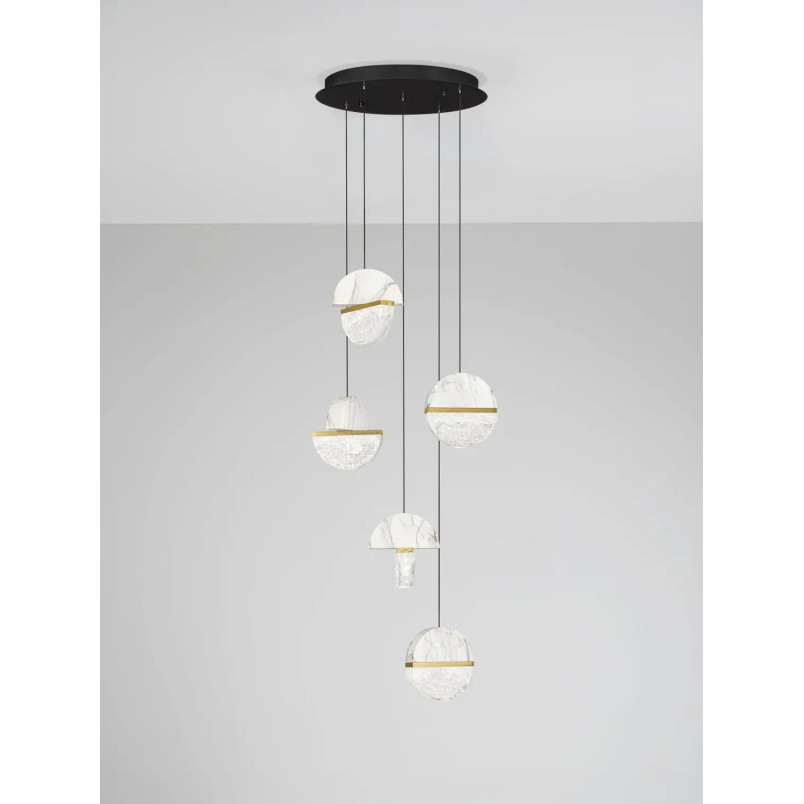 Lampa wisząca marmurowo-szklana 5 punktowa Pianetti 46cm LED 2700K biały marmur / złoty mosiądz / przeźroczysty