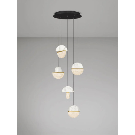 Lampa wisząca marmurowo-szklana 5 punktowa Pianetti 46cm LED 2700K biały marmur / złoty mosiądz / przeźroczysty
