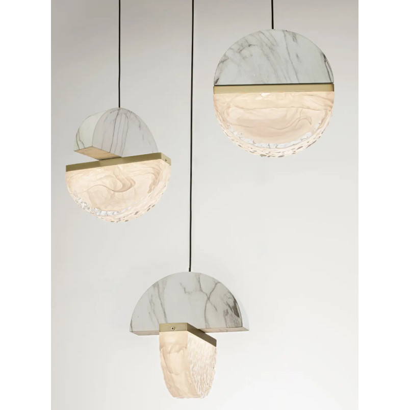 Lampa wisząca marmurowo-szklana 5 punktowa Pianetti 46cm LED 2700K biały marmur / złoty mosiądz / przeźroczysty