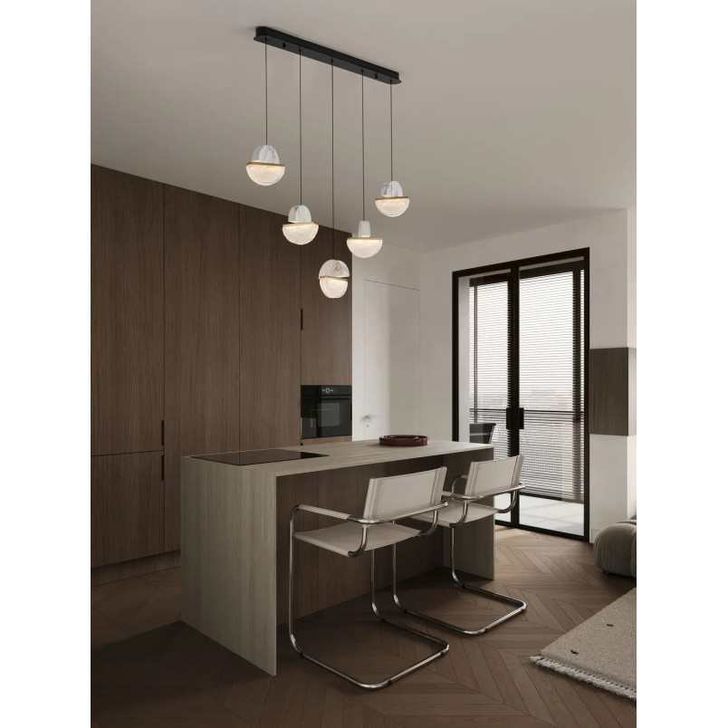 Lampa wisząca marmurowo-szklana 5 punktowa na listwie Pianetti 104cm LED 3000K biały marmur / złoty mosiądz / przeźroczysty