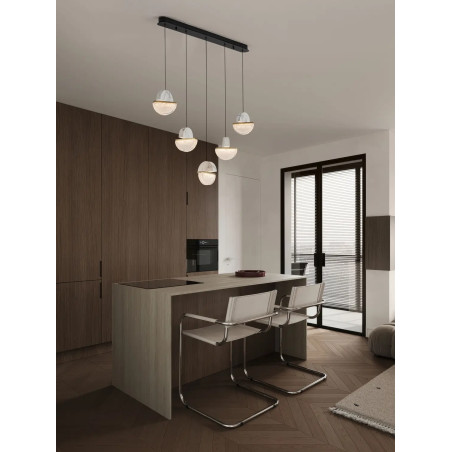 Lampa wisząca marmurowo-szklana 5 punktowa na listwie Pianetti 104cm LED 3000K biały marmur / złoty mosiądz / przeźroczysty