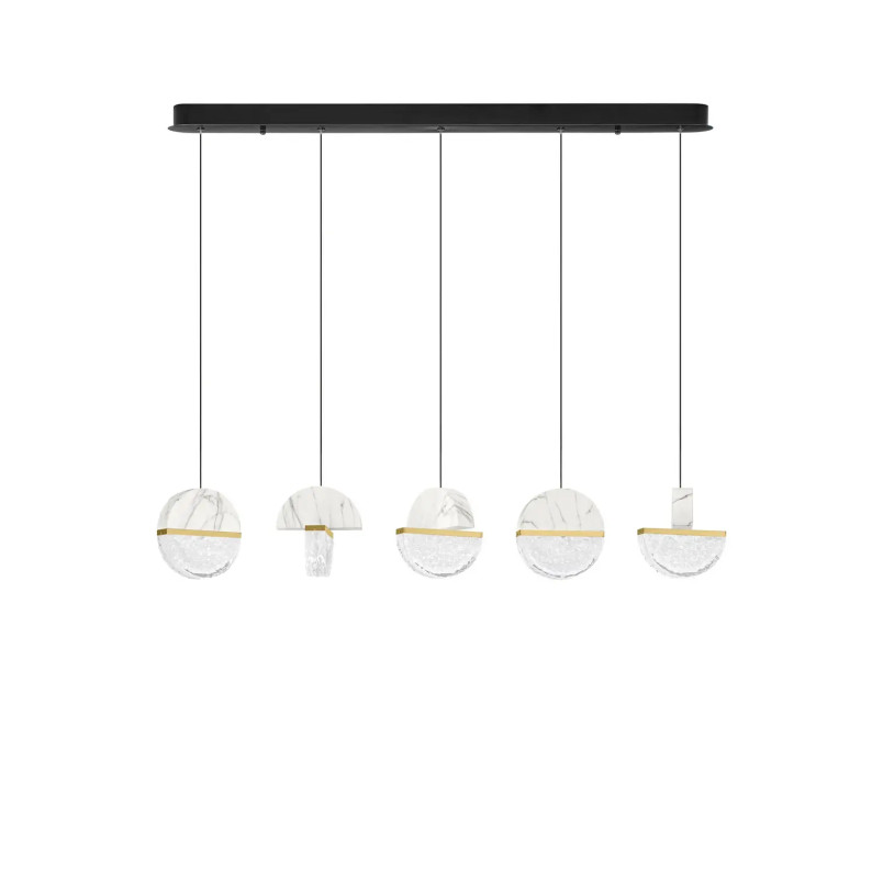 Lampa wisząca marmurowo-szklana 5 punktowa na listwie Pianetti 104cm LED 3000K biały marmur / złoty mosiądz / przeźroczysty