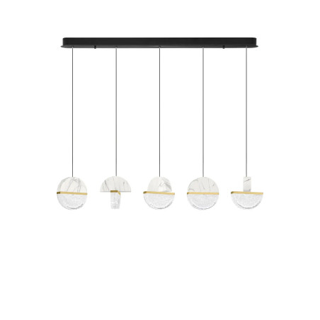 Lampa wisząca marmurowo-szklana 5 punktowa na listwie Pianetti 104cm LED 3000K biały marmur / złoty mosiądz / przeźroczysty