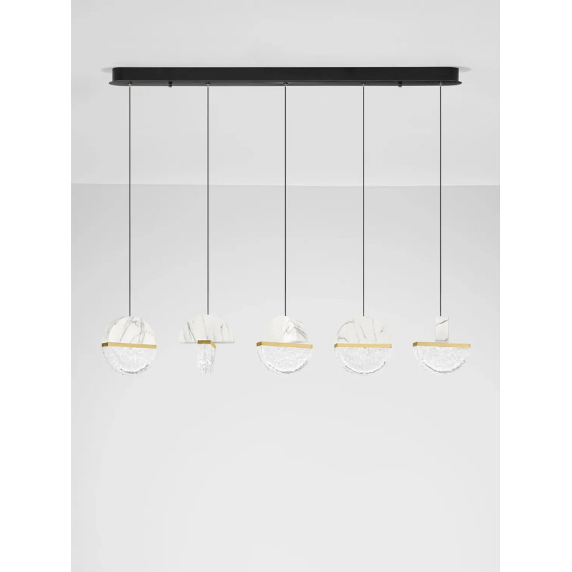 Lampa wisząca marmurowo-szklana 5 punktowa na listwie Pianetti 104cm LED 3000K biały marmur / złoty mosiądz / przeźroczysty