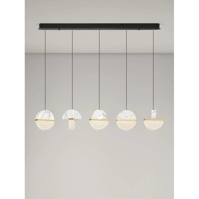 Lampa wisząca marmurowo-szklana 5 punktowa na listwie Pianetti 104cm LED 3000K biały marmur / złoty mosiądz / przeźroczysty