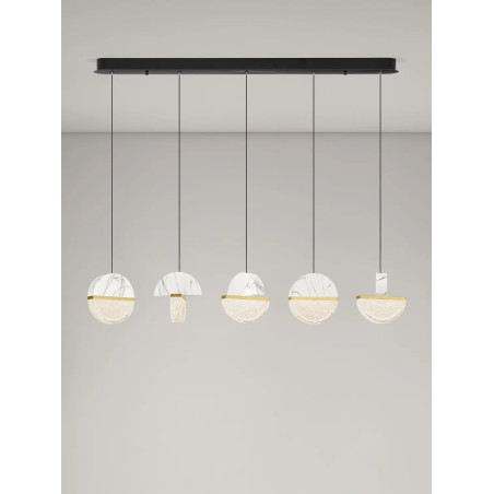 Lampa wisząca marmurowo-szklana 5 punktowa na listwie Pianetti 104cm LED 3000K biały marmur / złoty mosiądz / przeźroczysty