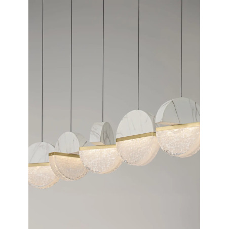Lampa wisząca marmurowo-szklana 5 punktowa na listwie Pianetti 104cm LED 3000K biały marmur / złoty mosiądz / przeźroczysty