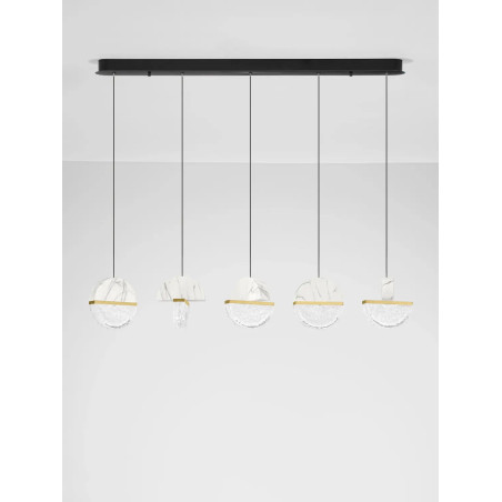 Lampa wisząca marmurowo-szklana 5 punktowa na listwie Pianetti 104cm LED 2700K biały marmur / złoty mosiądz / przeźroczysty