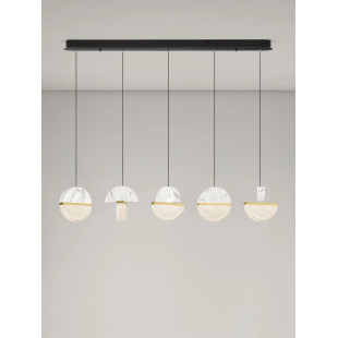 Lampa wisząca marmurowo-szklana 5 punktowa na listwie Pianetti 104cm LED 2700K biały marmur / złoty mosiądz / przeźroczysty
