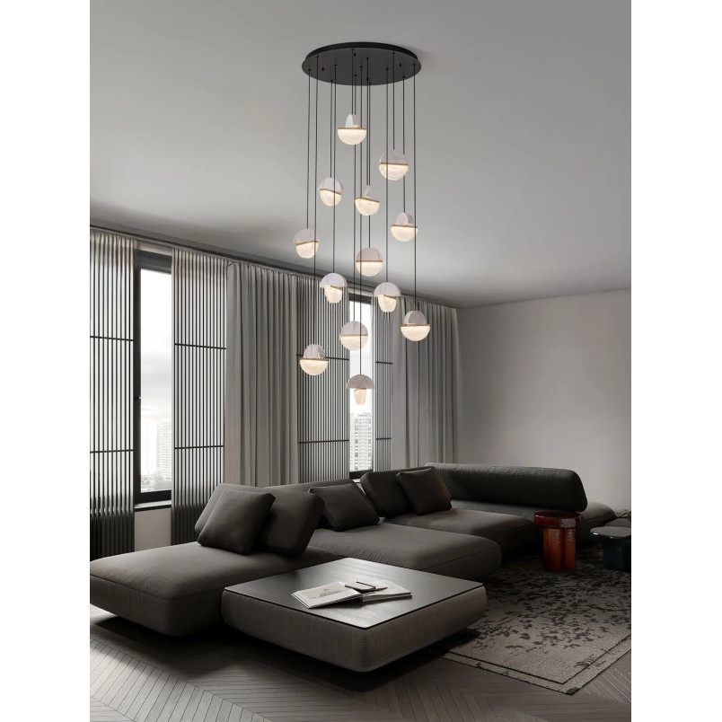 Lampa wisząca marmurowo-szklana Pianetti 78cm LED 3000K biały marmur / złoty mosiądz / przeźroczysty