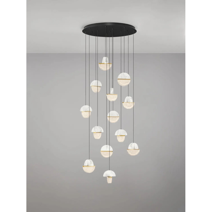 Lampa wisząca marmurowo-szklana Pianetti 78cm LED 2700K biały marmur / złoty mosiądz / przeźroczysty