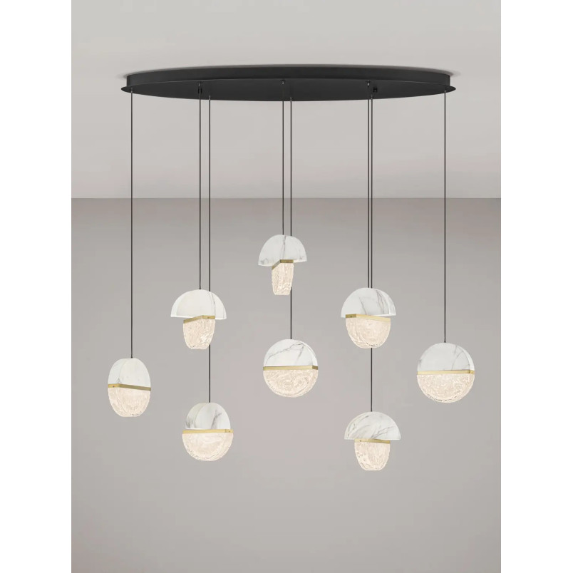 Lampa wisząca marmurowo-szklana Pianetti 105cm LED 3000K biały marmur / złoty mosiądz / przeźroczysty