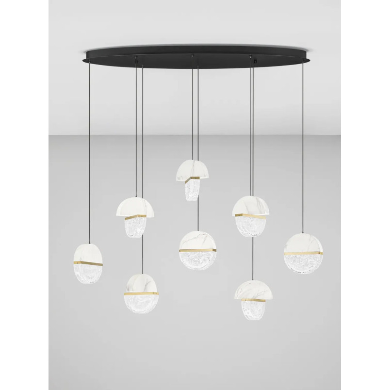 Lampa wisząca marmurowo-szklana Pianetti 105cm LED 2700K biały marmur / złoty mosiądz / przeźroczysty