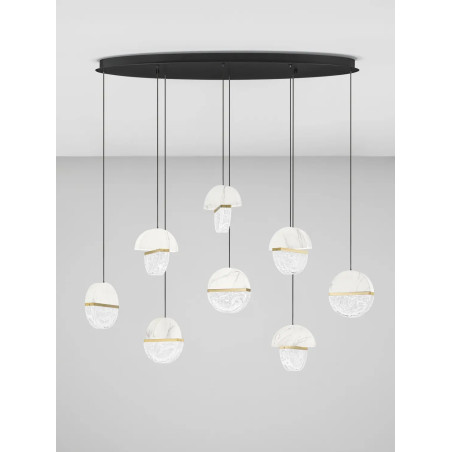 Lampa wisząca marmurowo-szklana Pianetti 105cm LED 2700K biały marmur / złoty mosiądz / przeźroczysty