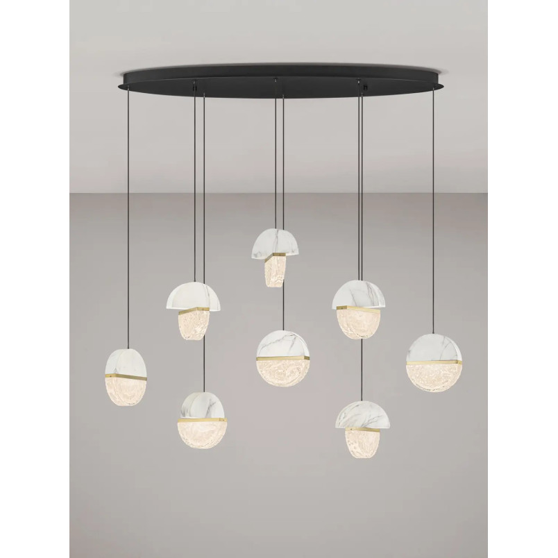 Lampa wisząca marmurowo-szklana Pianetti 105cm LED 2700K biały marmur / złoty mosiądz / przeźroczysty