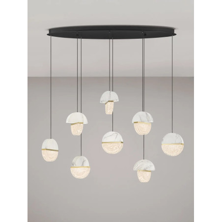 Lampa wisząca marmurowo-szklana Pianetti 105cm LED 2700K biały marmur / złoty mosiądz / przeźroczysty