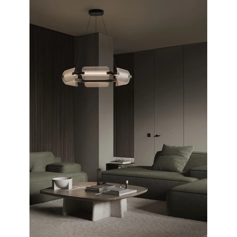 Lampa wisząca okrągła - szkło ryflowane Corfino 81,5cm LED 3000K przeźroczysty / czarny