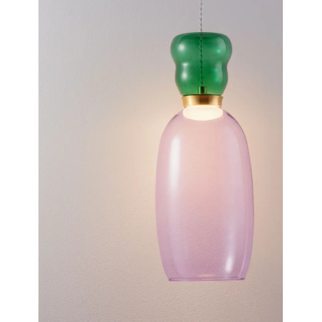 Kolorowa lampa szklana - wisząca Peach 15cm LED 3000K piaskowy złoty metal, błyszczący jaspis i fioletowe szkło