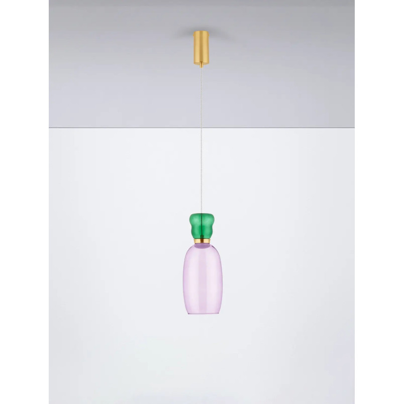 Kolorowa lampa szklana - wisząca Peach 15cm LED 3000K piaskowy złoty metal, błyszczący jaspis i fioletowe szkło