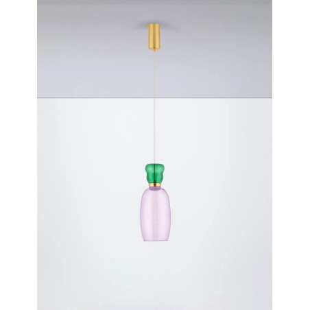 Kolorowa lampa szklana - wisząca Peach 15cm LED 3000K piaskowy złoty metal, błyszczący jaspis i fioletowe szkło