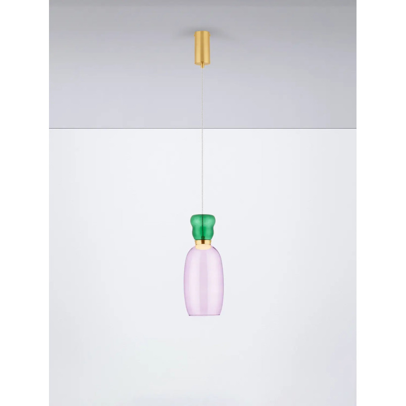 Kolorowa lampa szklana - wisząca Peach 15cm LED 3000K piaskowy złoty metal, błyszczący jaspis i fioletowe szkło