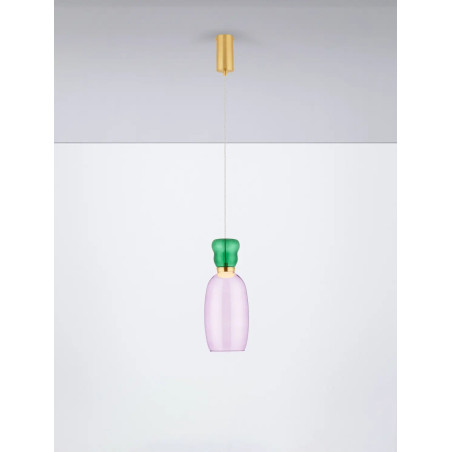 Kolorowa lampa szklana - wisząca Peach 15cm LED 3000K piaskowy złoty metal, błyszczący jaspis i fioletowe szkło
