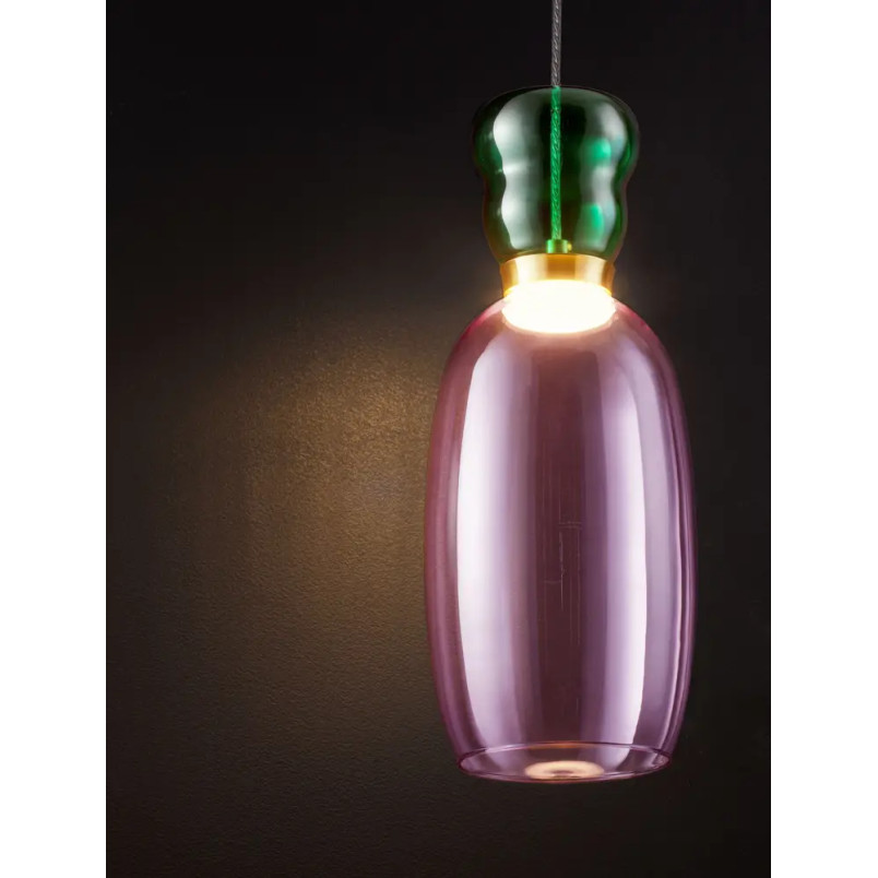 Kolorowa lampa szklana - wisząca Peach 15cm LED 3000K piaskowy złoty metal, błyszczący jaspis i fioletowe szkło