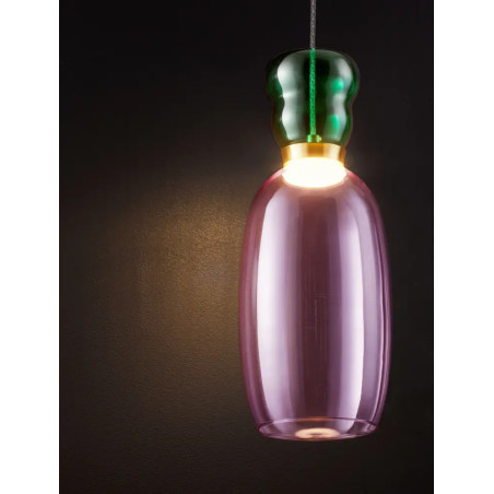 Kolorowa lampa szklana - wisząca Peach 15cm LED 3000K piaskowy złoty metal, błyszczący jaspis i fioletowe szkło