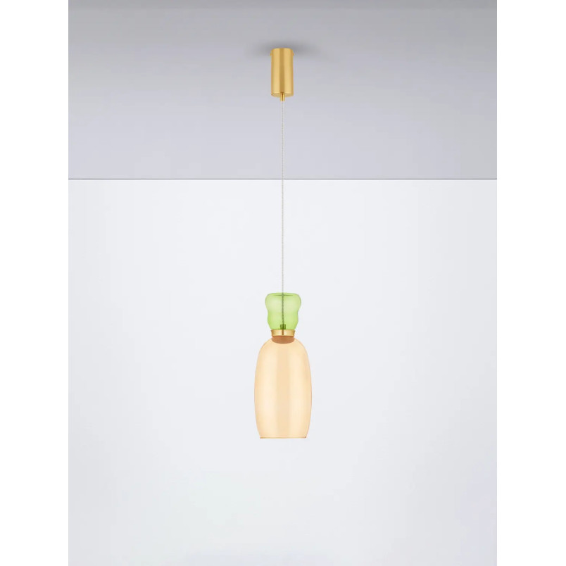 Kolorowa lampa szklana - wisząca Peach 15cm LED 3000K piaskowy złoty – metaliczny połysk, jasnozielone i żółte szkło