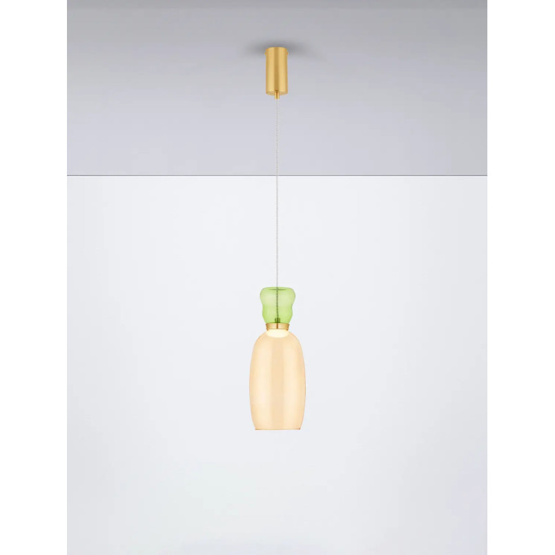 Kolorowa lampa szklana - wisząca Peach 15cm LED 3000K piaskowy złoty – metaliczny połysk, jasnozielone i żółte szkło