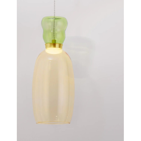 Kolorowa lampa szklana - wisząca Peach 15cm LED 3000K piaskowy złoty – metaliczny połysk, jasnozielone i żółte szkło