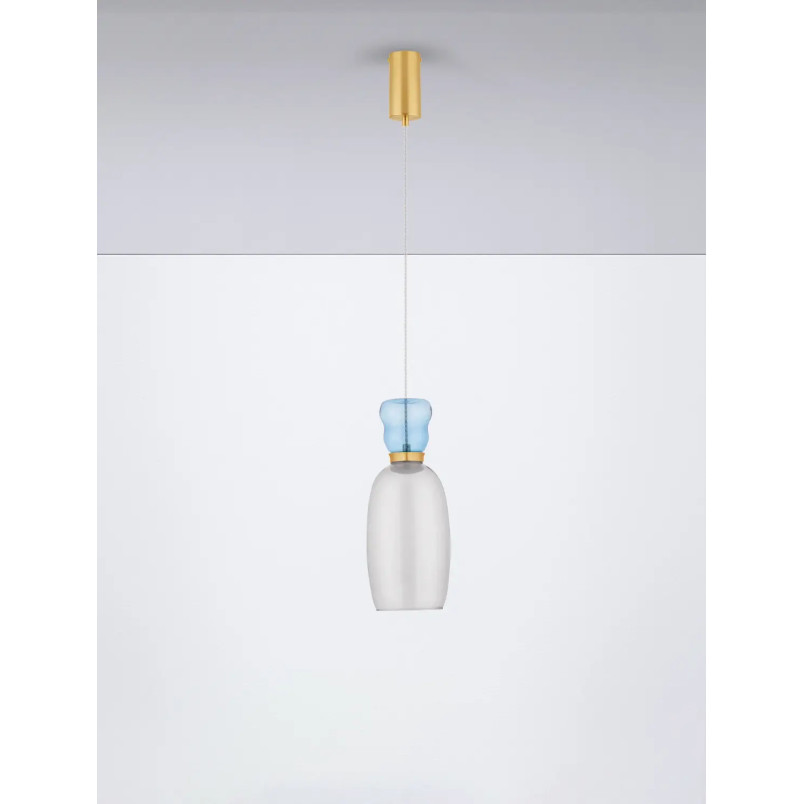 Kolorowa lampa szklana - wisząca Peach 15cm LED 3000K piaskowy złoty – metaliczny połysk, jasnoniebieskie i cyjanowe szkło