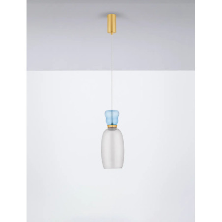 Kolorowa lampa szklana - wisząca Peach 15cm LED 3000K piaskowy złoty – metaliczny połysk, jasnoniebieskie i cyjanowe szkło