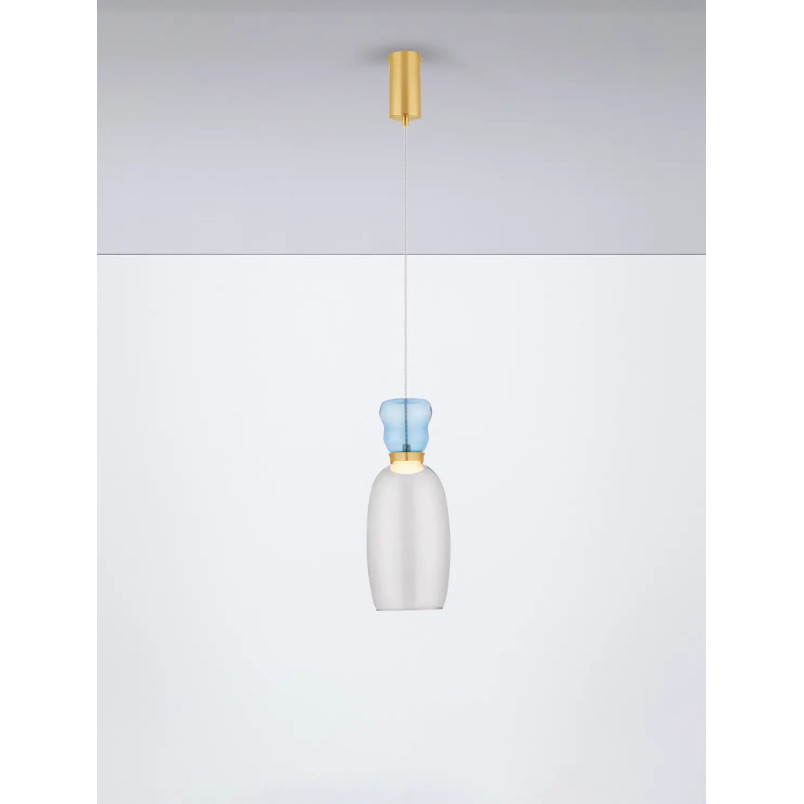 Kolorowa lampa szklana - wisząca Peach 15cm LED 3000K piaskowy złoty – metaliczny połysk, jasnoniebieskie i cyjanowe szkło