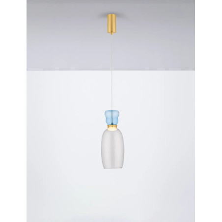 Kolorowa lampa szklana - wisząca Peach 15cm LED 3000K piaskowy złoty – metaliczny połysk, jasnoniebieskie i cyjanowe szkło