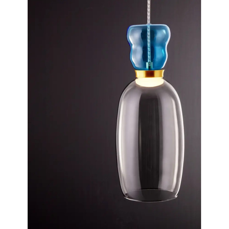Kolorowa lampa szklana - wisząca Peach 15cm LED 3000K piaskowy złoty – metaliczny połysk, jasnoniebieskie i cyjanowe szkło