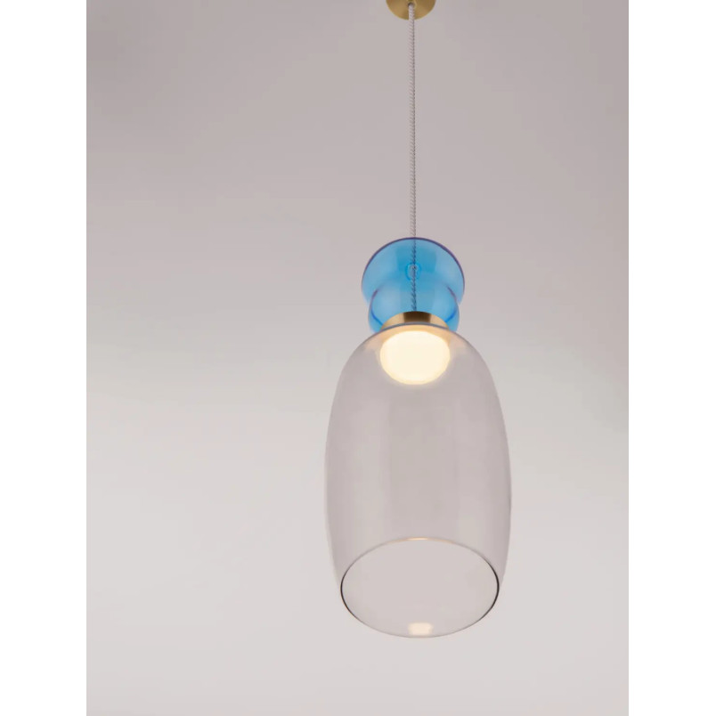 Kolorowa lampa szklana - wisząca Peach 15cm LED 3000K piaskowy złoty – metaliczny połysk, jasnoniebieskie i cyjanowe szkło
