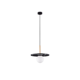 Lampa wisząca marmurowa z płaskim kloszem i szklaną kulą Borgo 30cm opal / czarny