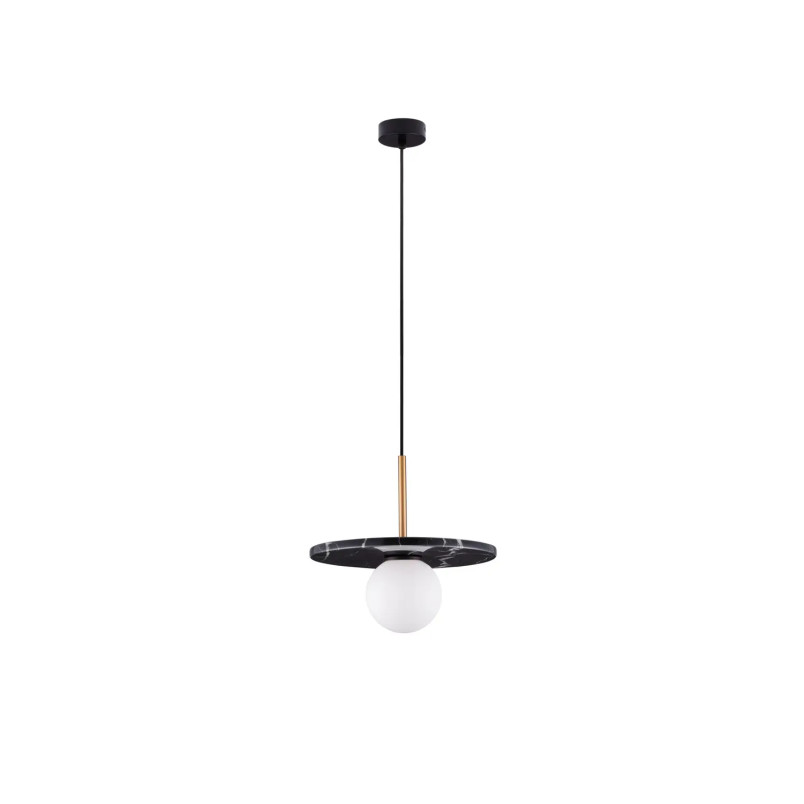 Lampa wisząca marmurowa z płaskim kloszem i szklaną kulą Borgo 30cm opal / czarny