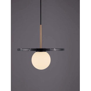 Lampa wisząca marmurowa z płaskim kloszem i szklaną kulą Borgo 30cm opal / czarny