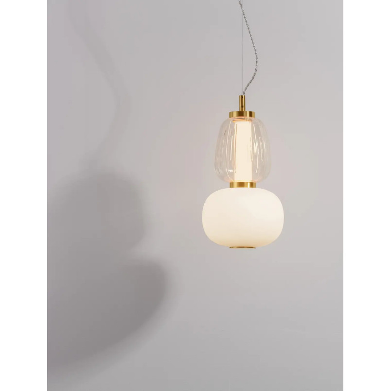 Lampa wisząca glamour z dekoracyjnym szklanym kloszem Scanzo 17cm H28,5cm LED 3000K złoty połysk / opal / transparent