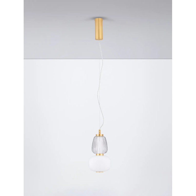 Lampa wisząca glamour z dekoracyjnym szklanym kloszem Scanzo 17cm H28,5cm LED 3000K złoty połysk / opal / transparent