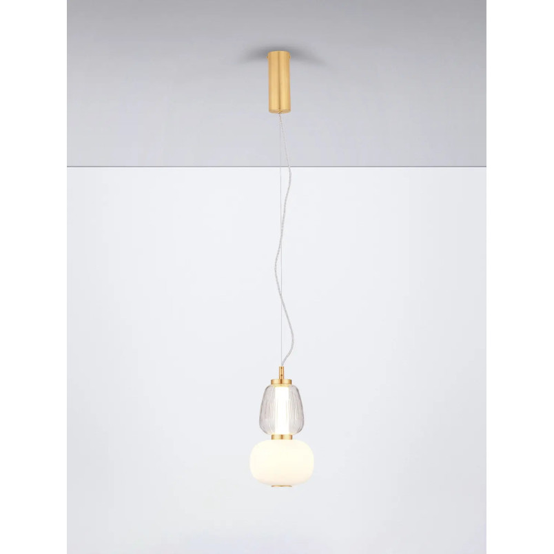Lampa wisząca glamour z dekoracyjnym szklanym kloszem Scanzo 17cm H28,5cm LED 3000K złoty połysk / opal / transparent