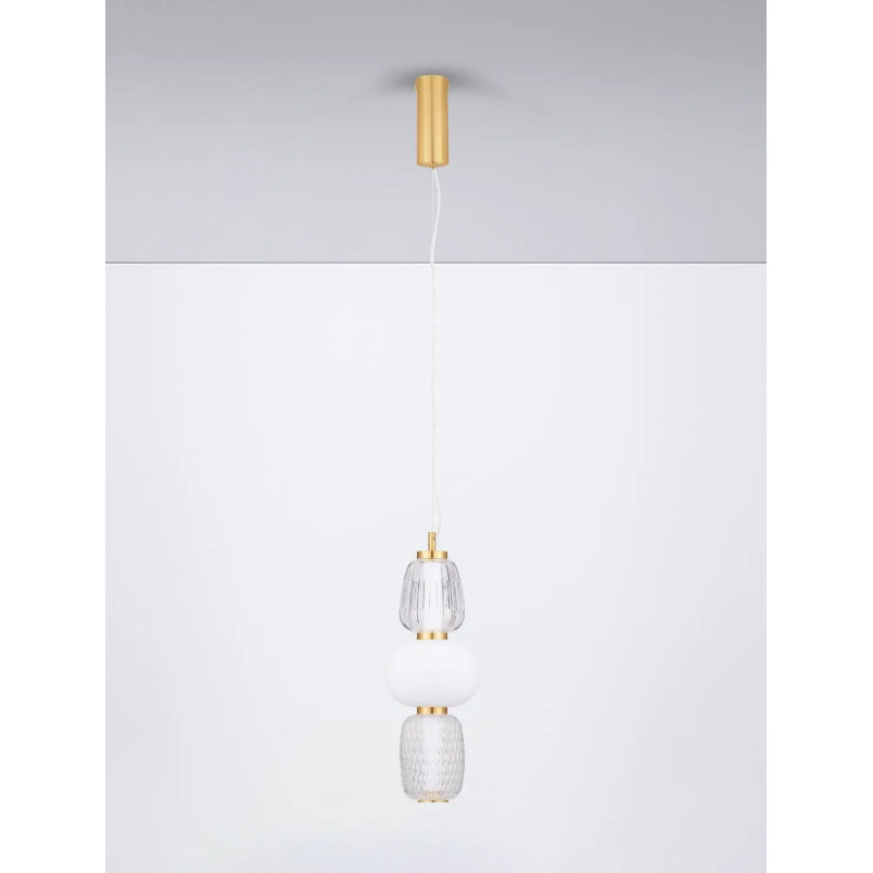 Lampa wisząca glamour z dekoracyjnym szklanym kloszem Scanzo 17cm H45cm LED 3000K złoty połysk / opal / transparent