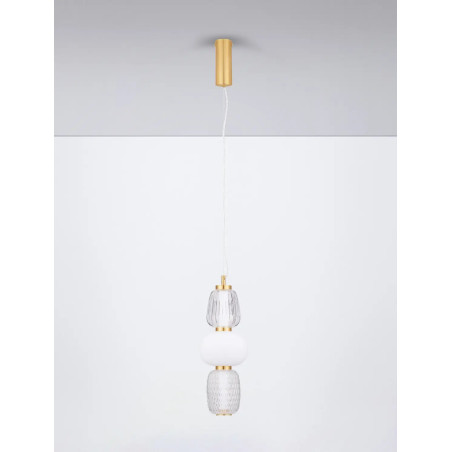 Lampa wisząca glamour z dekoracyjnym szklanym kloszem Scanzo 17cm H45cm LED 3000K złoty połysk / opal / transparent