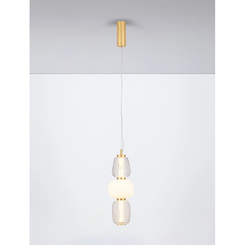 Lampa wisząca glamour z dekoracyjnym szklanym kloszem Scanzo 17cm H45cm LED 3000K złoty połysk / opal / transparent
