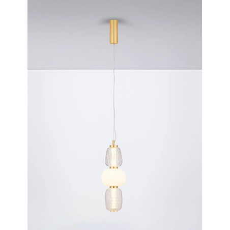 Lampa wisząca glamour z dekoracyjnym szklanym kloszem Scanzo 17cm H45cm LED 3000K złoty połysk / opal / transparent