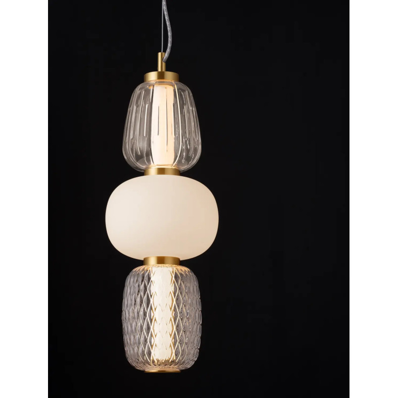 Lampa wisząca glamour z dekoracyjnym szklanym kloszem Scanzo 17cm H45cm LED 3000K złoty połysk / opal / transparent