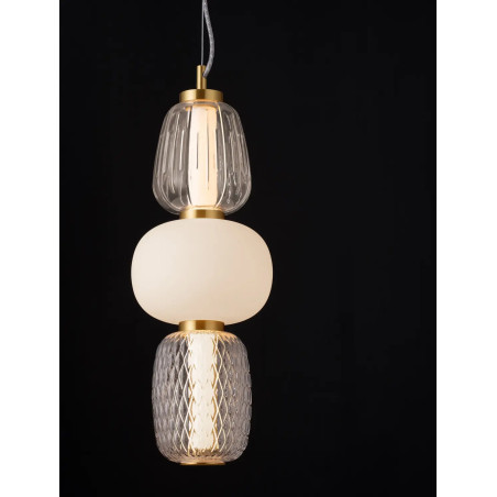 Lampa wisząca glamour z dekoracyjnym szklanym kloszem Scanzo 17cm H45cm LED 3000K złoty połysk / opal / transparent