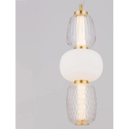 Lampa wisząca glamour z dekoracyjnym szklanym kloszem Scanzo 17cm H45cm LED 3000K złoty połysk / opal / transparent